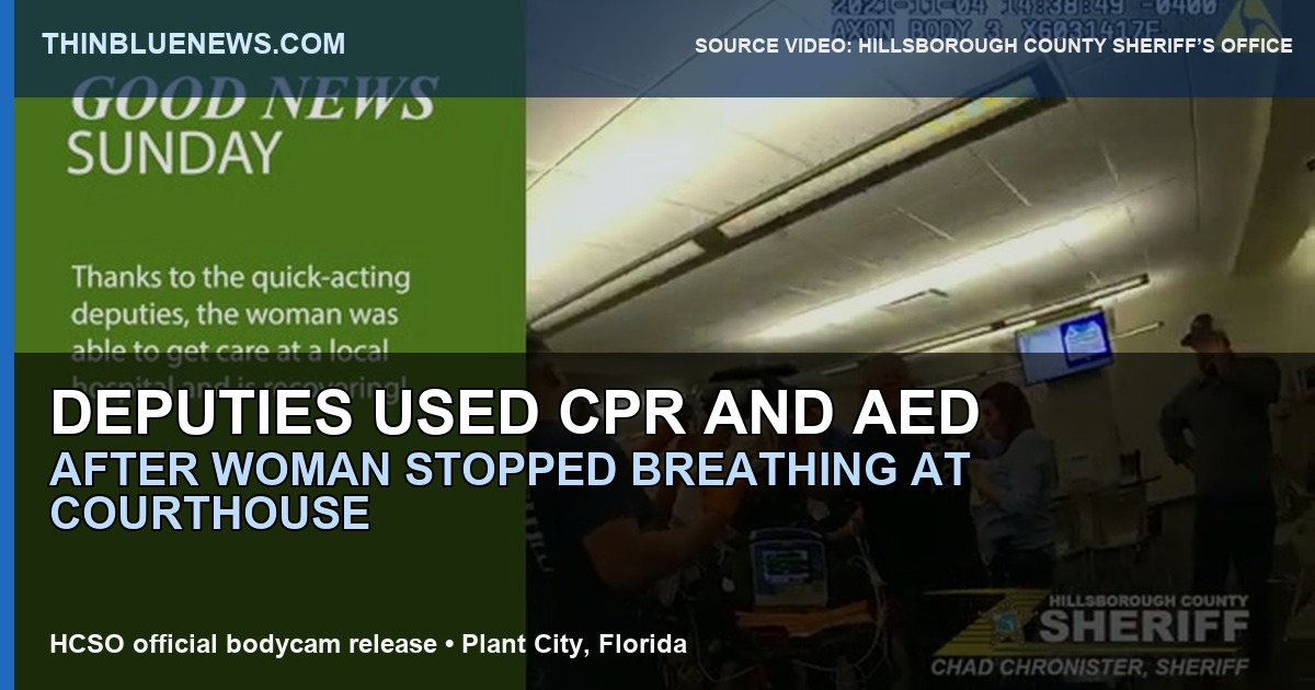 Hillsborough County Sheriff’s Office body-worn camera still, with the patient blurred in the official source video, showing deputies preparing AED and CPR aid at the Plant City Courthouse; ThinBlueNews added headline overlay.