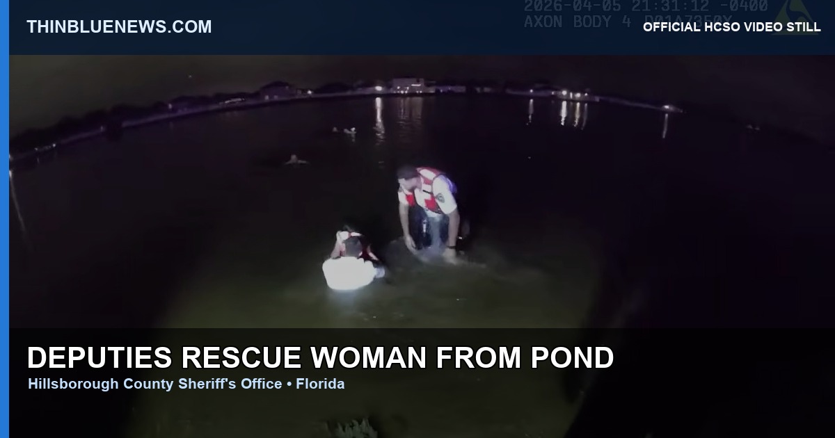 Official Hillsborough County Sheriff's Office body-worn-camera still showing deputies in shallow water during a nighttime pond rescue; ThinBlueNews added headline and source labeling.