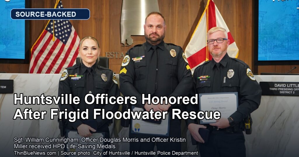 Huntsville Police Sgt. William Cunningham, Officer Douglas Morris and Officer Kristin Miller receive Life-Saving Medals after a frigid floodwater rescue, with ThinBlueNews headline overlay