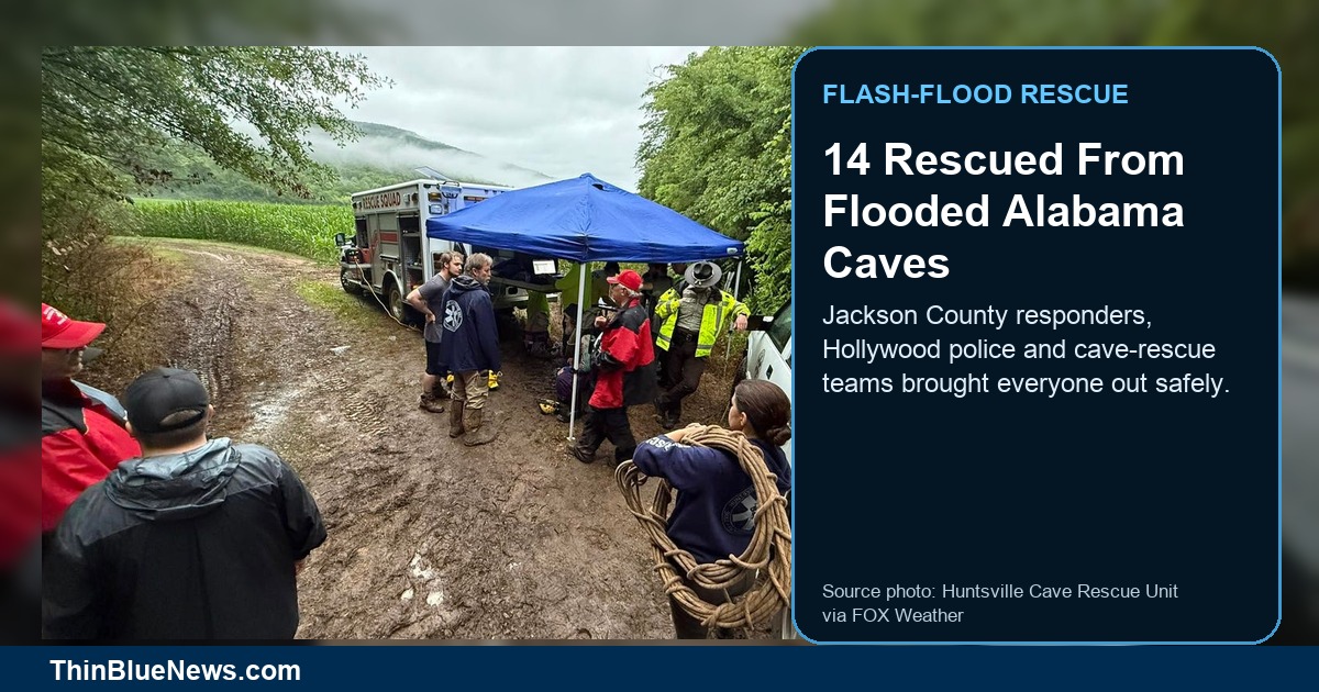Huntsville Cave Rescue Unit source photo via FOX Weather showing rescue personnel and vehicles near a muddy flooded-cave response scene in Jackson County, Alabama, with ThinBlueNews headline labeling.