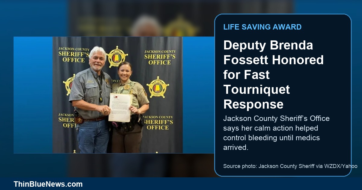 Jackson County Sheriff's Office source photo via WZDX/Yahoo showing Deputy Brenda Fossett receiving a Life Saving Award, with ThinBlueNews headline overlay.