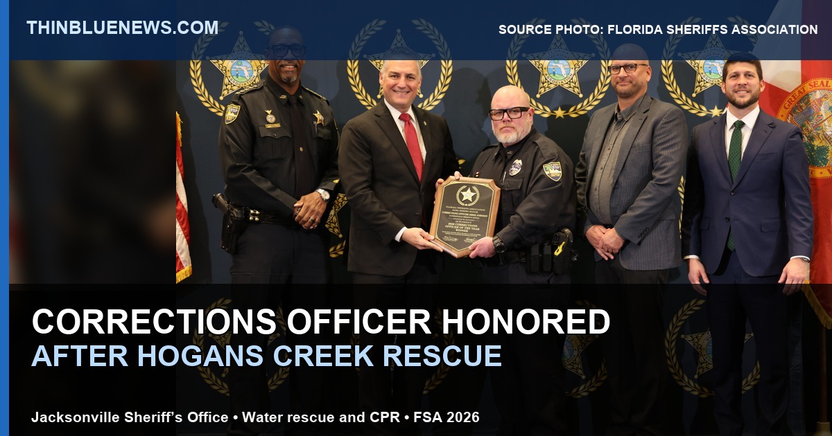 Florida Sheriffs Association source photo showing Sheriff T.K. Waters, FSA President Dennis Lemma, Corrections Officer Obbie Johnson, Eric Wingard and Attorney General James Uthmeier at the 2026 Corrections Officer of the Year presentation, with ThinBlueNews headline labeling added.