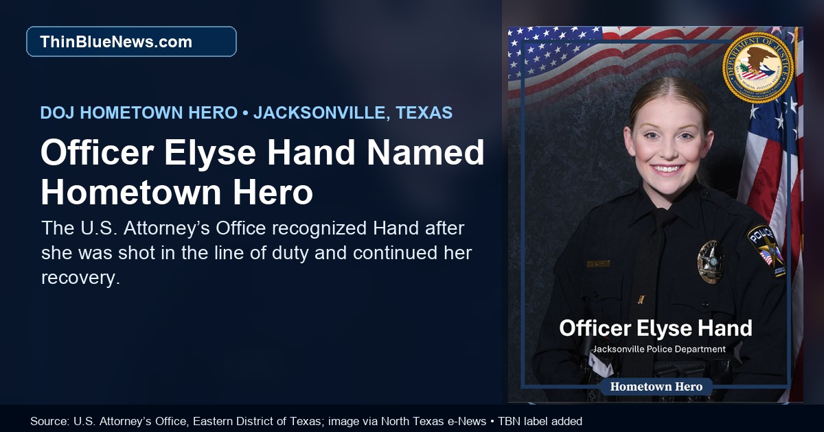 Source-backed DOJ-style portrait card of Jacksonville Police Officer Elyse Hand as a Hometown Hero recipient; ThinBlueNews added headline and source labeling.