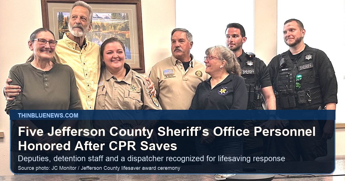 JC Monitor source photo from the Jefferson County Sheriff’s Office lifesaver award ceremony, showing award recipients and community members; ThinBlueNews added headline and source labeling.