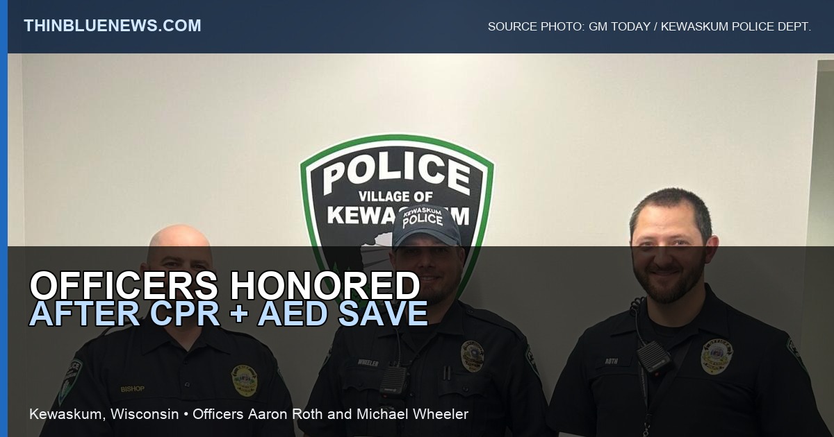 GM Today source photo showing Kewaskum Police Chief Tom Bishop with Officers Michael Wheeler and Aaron Roth holding Life Saver Awards; ThinBlueNews added headline/source labeling.