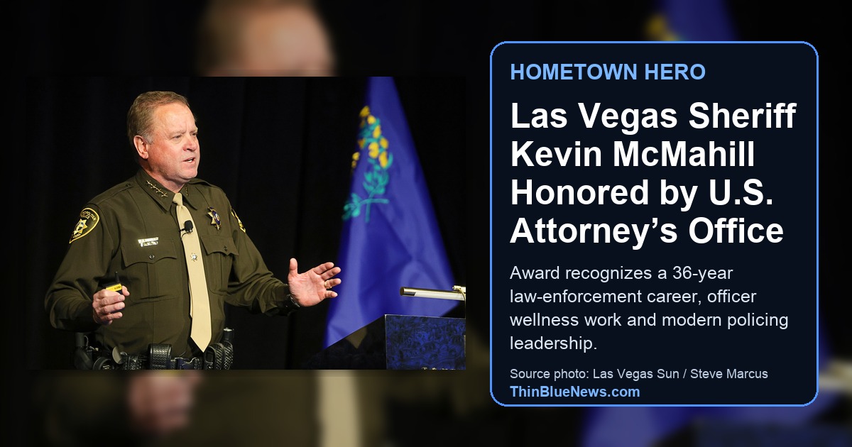 Las Vegas Sun source photo of Clark County Sheriff Kevin McMahill delivering Metro's State of the Department address; ThinBlueNews added headline and source labeling.