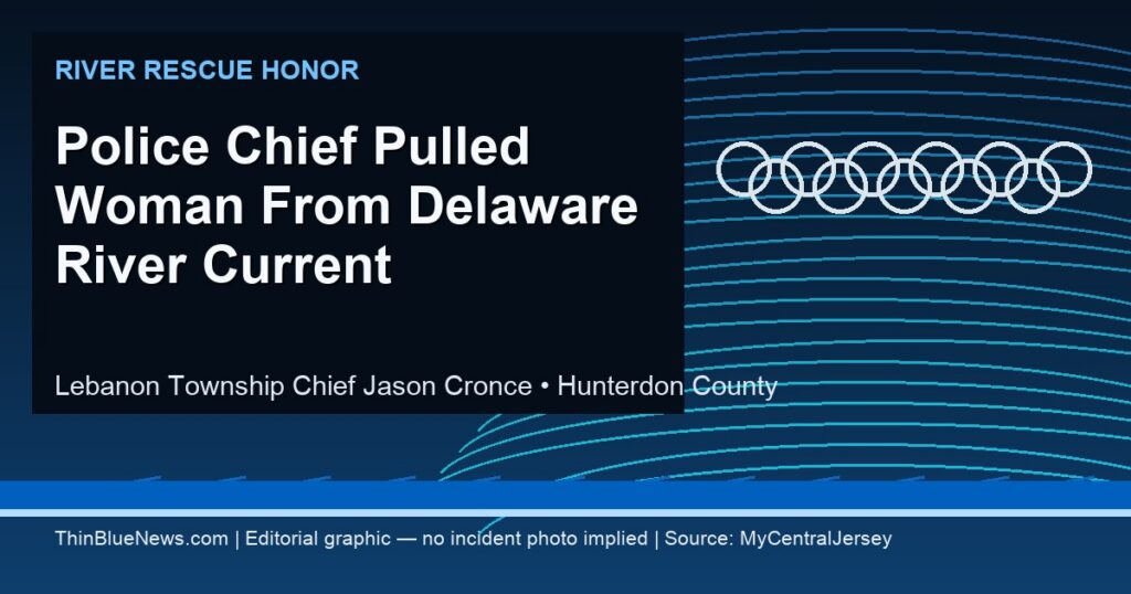 ThinBlueNews editorial graphic for Lebanon Township Police Chief Jason Cronce Delaware River rescue recognition