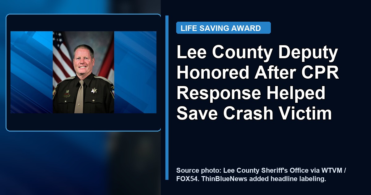 Lee County Sheriff's Office source photo via WTVM showing Deputy Scott Cone, named a First Friday Hero after a CPR response, with ThinBlueNews headline overlay.