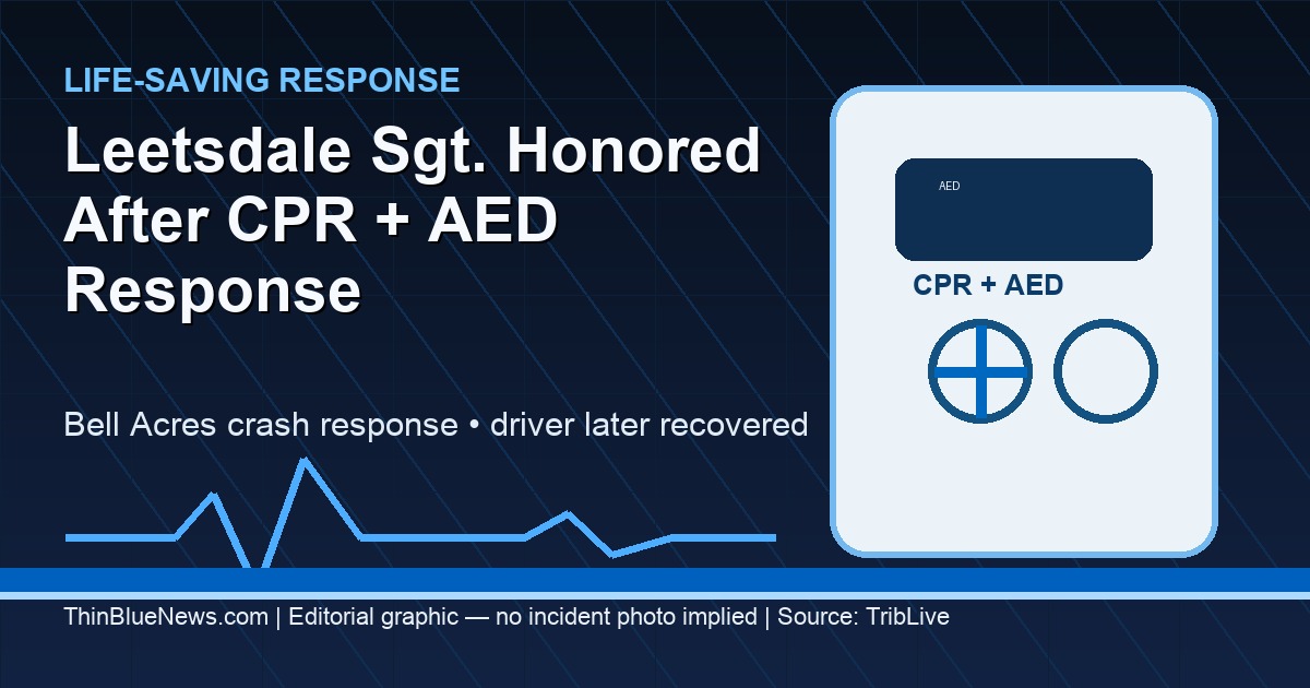 ThinBlueNews editorial graphic for Leetsdale Sgt. Michael Slawianowski CPR and AED life-saving recognition