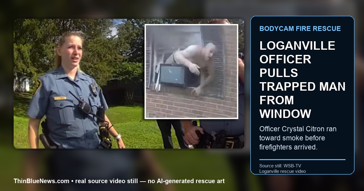 WSB-TV bodycam/source-video still from a Loganville, Georgia house-fire rescue showing the Bay Creek Road home as Officer Crystal Citron pulls a trapped man from a window; ThinBlueNews added headline and source labeling.