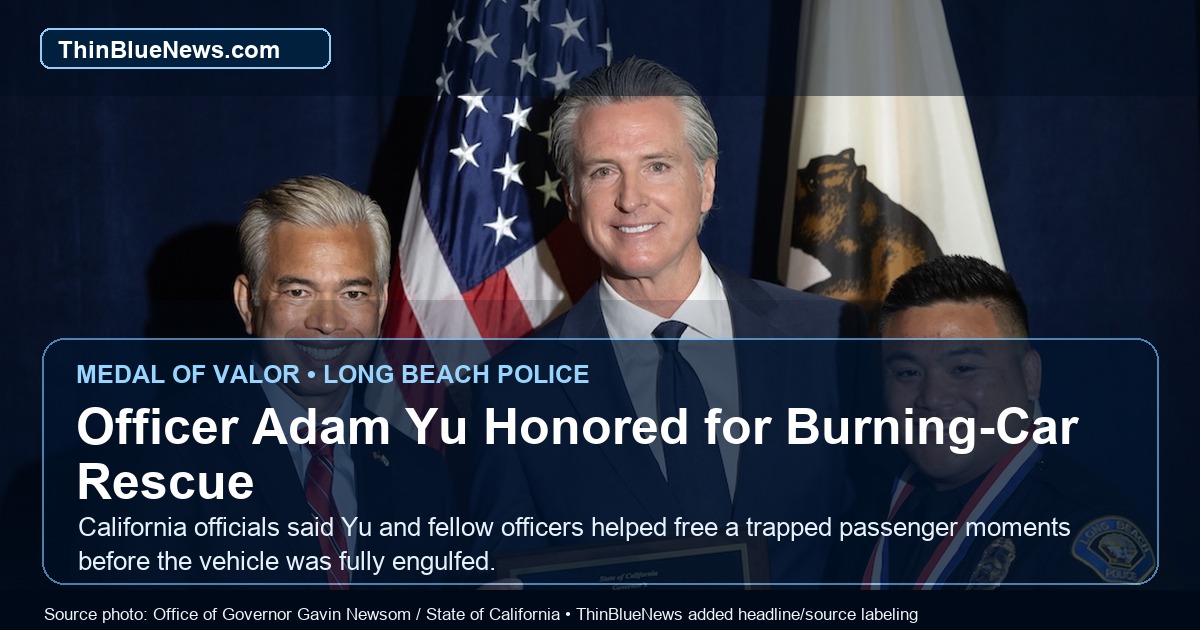 Official Governor of California ceremony photo showing Long Beach Police Officer Adam Yu with Governor Gavin Newsom and Attorney General Rob Bonta after receiving the Public Safety Officer Medal of Valor, with ThinBlueNews headline and source labeling added.