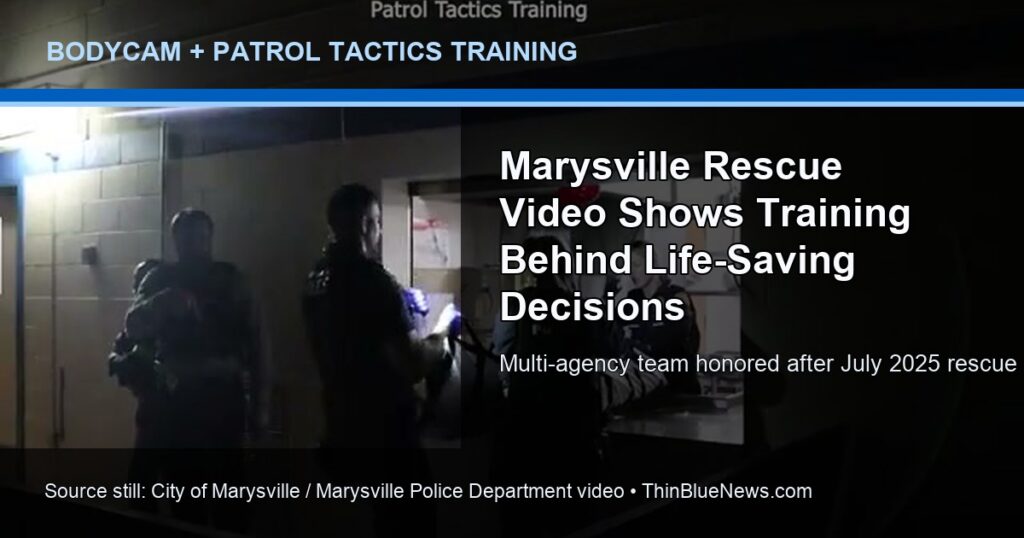 Still from City of Marysville and Marysville Police Department training video showing officers in a patrol tactics rescue scenario