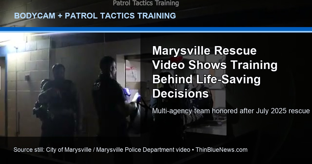 Still from City of Marysville and Marysville Police Department training video showing officers in a patrol tactics rescue scenario