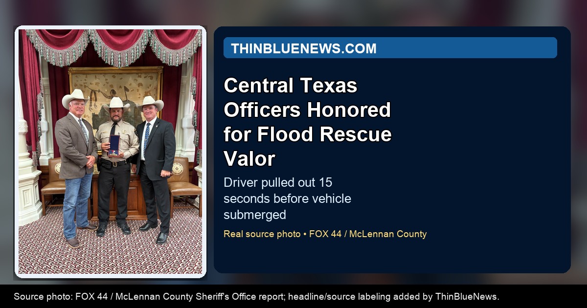FOX 44 source photo showing 2026 State of Texas Law Enforcement Achievement Award for Valor recipients connected to the McLennan County flood rescue; ThinBlueNews added headline and source labeling.