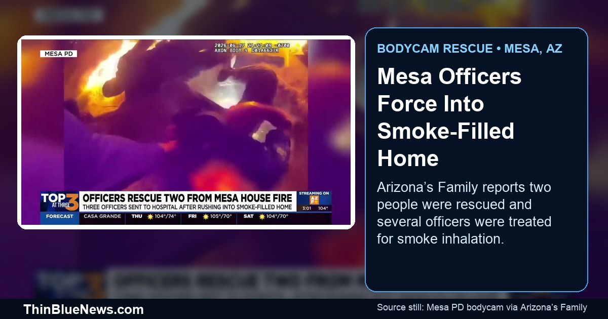 Mesa Police Department bodycam still, published by Arizona's Family, showing officers at a burning Mesa house fire scene with flames visible; ThinBlueNews added headline and source labeling.