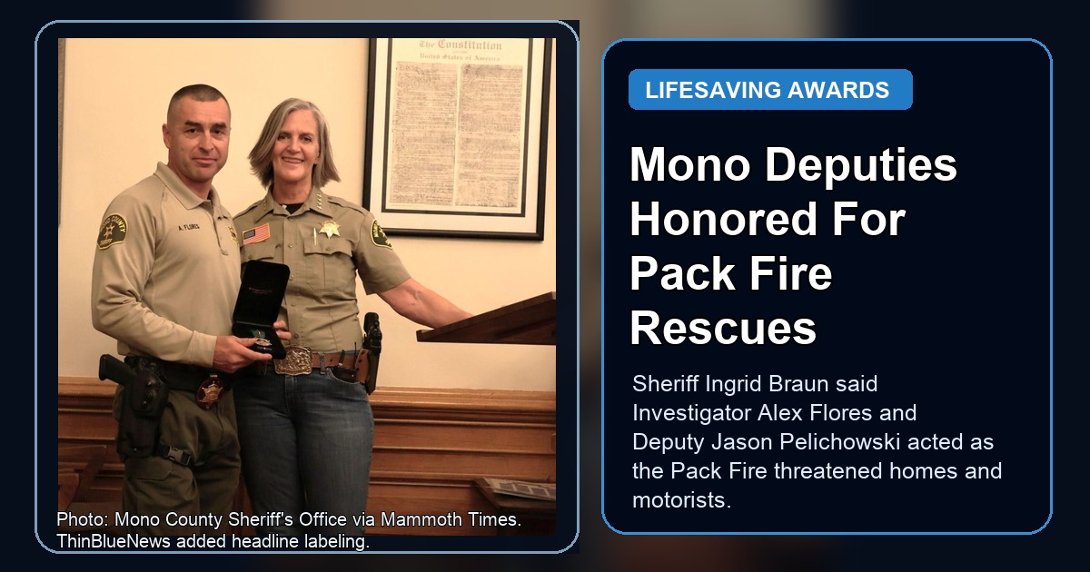 Source photo of Mono County Sheriff's Investigator Alex Flores standing with Sheriff Ingrid Braun after receiving a Lifesaving Award, with ThinBlueNews headline labeling.