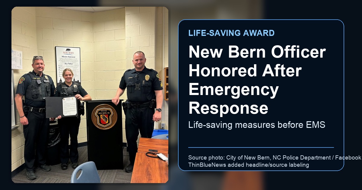 City of New Bern, NC Police Department source photo showing Officer K. Litterio with New Bern officers after receiving a life-saving award, with ThinBlueNews headline and source labeling added.