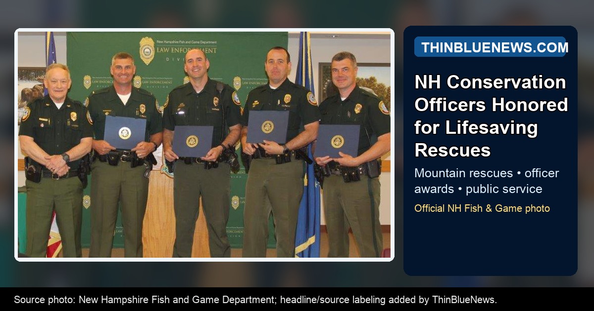 Official New Hampshire Fish and Game Department photo showing conservation officers honored with 2025 awards, with ThinBlueNews headline and source labeling added.