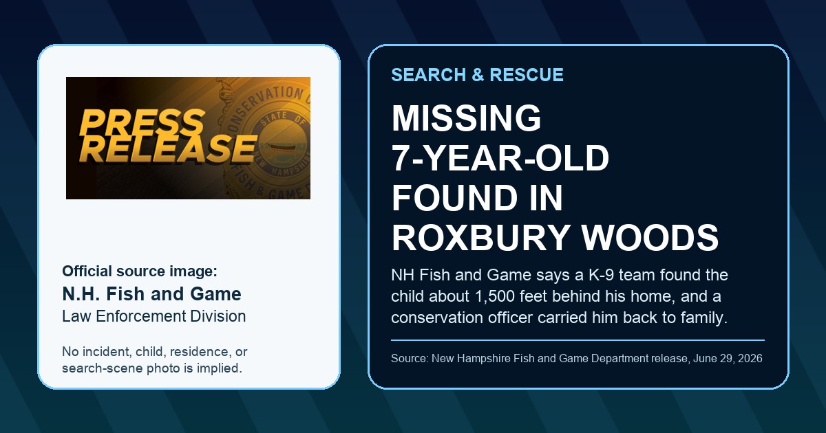 New Hampshire Fish and Game Department official law-enforcement press image used with a ThinBlueNews headline overlay for a source-backed Roxbury missing-child search story; no child, incident-scene, or residence photo is implied.