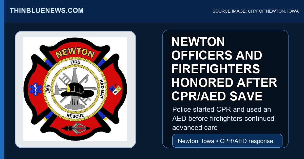 Official Newton Fire Department seal from the City of Newton, Iowa, used for a ThinBlueNews story about Newton Police officers Ryan Zylstra and Braydon Chance and Newton firefighters being honored after a CPR and AED response.