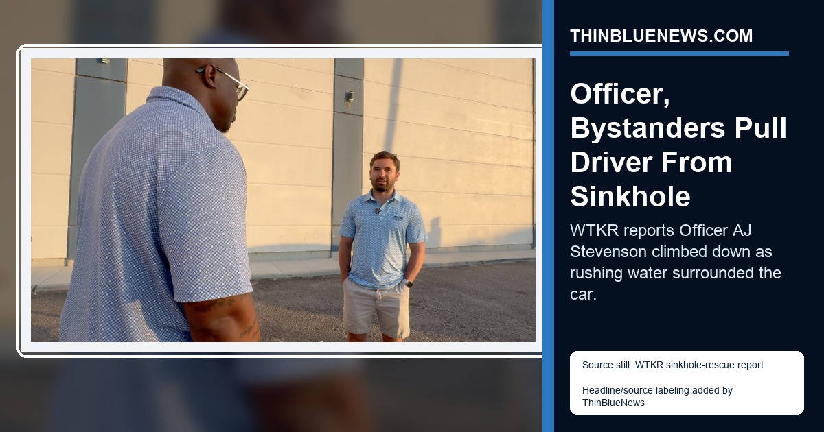 WTKR source still from its Norfolk sinkhole rescue report, showing an interview frame from the report about Norfolk Officer AJ Stevenson and bystanders helping rescue a woman from a water-filled sinkhole; ThinBlueNews added headline and source labeling.