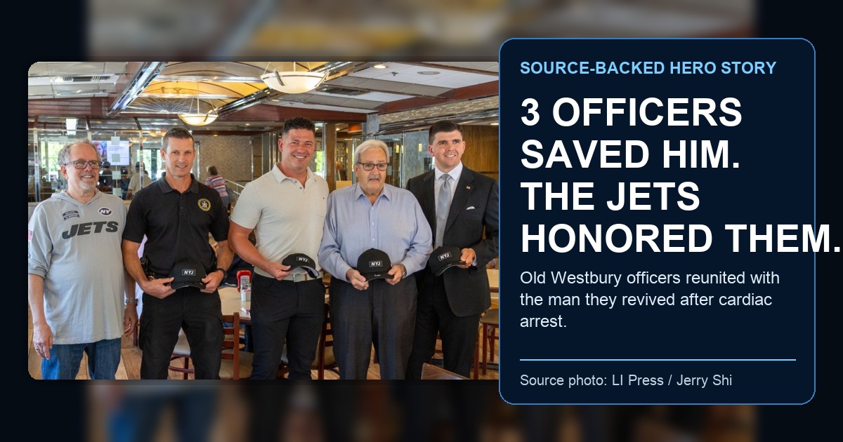Long Island Press source photo by Jerry Shi showing Phillip Amico with Old Westbury police officers and Steven Castleton after a New York Jets first-responder honor; ThinBlueNews added headline and source labeling.