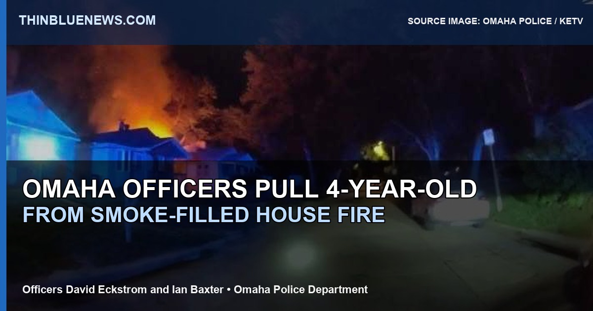 Omaha Police Department body-worn camera photo published by KETV showing officers at a house-fire rescue scene, with ThinBlueNews headline overlay; no victim close-up is shown.