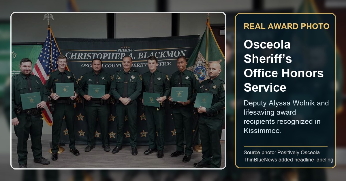 Positively Osceola source photo showing Osceola County Sheriff’s Office award recipients at the 2026 Annual Awards and Recognition Ceremony; ThinBlueNews added headline and source labeling.