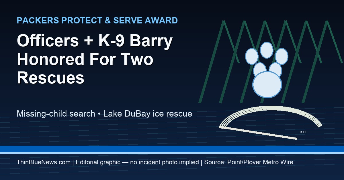 ThinBlueNews editorial graphic for Packers Protect and Serve Award recognition of Officer JD Ballew K-9 Barry and Deputy Brad Mathwich