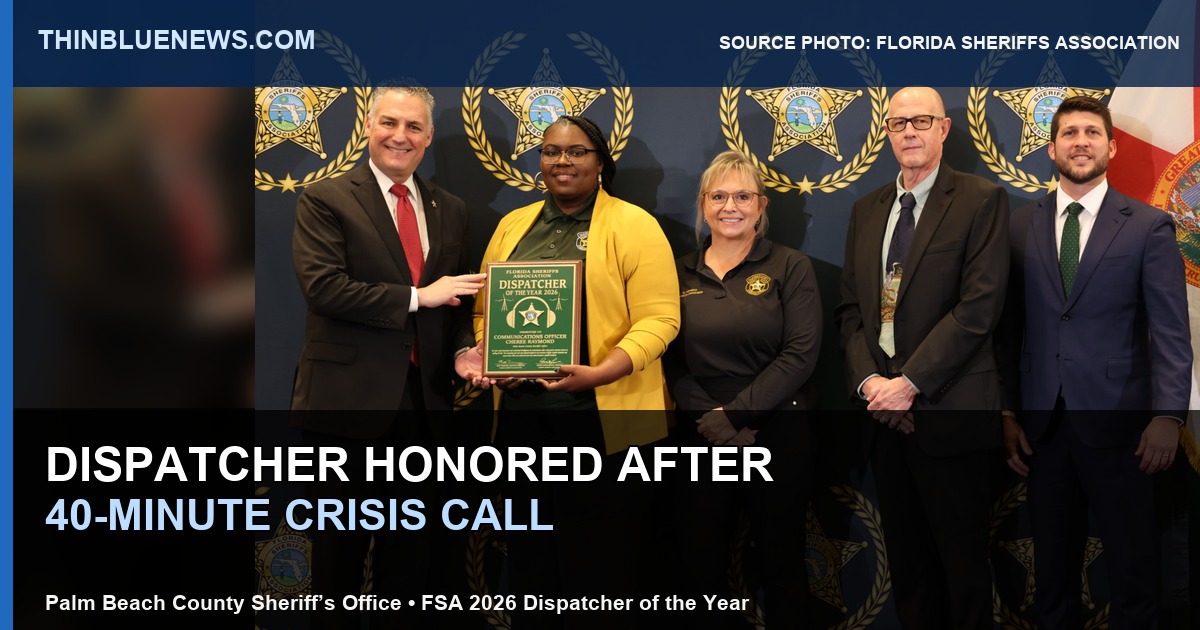 Florida Sheriffs Association source photo showing Communications Officer Cheree Raymond at the 2026 Dispatcher of the Year presentation, with ThinBlueNews headline and source labeling added.