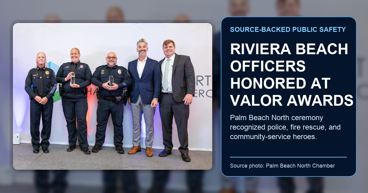 Florida Weekly / Palm Beach North Chamber of Commerce source photo showing Valor and Community Service Awards honorees including Riviera Beach Police Officers Elizabeth Elliott and Joshua Wilson; ThinBlueNews added headline and source labeling.