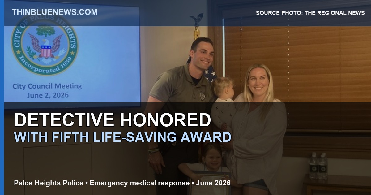 Real award photo from The Regional News showing Palos Heights Detective Jake Wiegand at a June 2, 2026 City Council meeting, with ThinBlueNews headline and source labeling added.