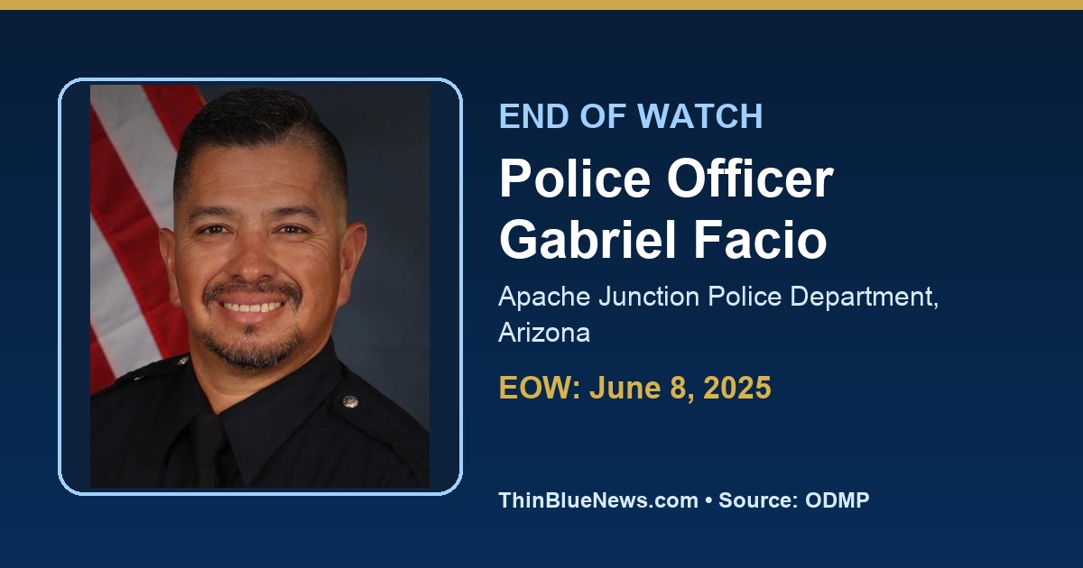 ThinBlueNews End of Watch anniversary memorial image for Police Officer Gabriel Facio of the Apache Junction Police Department in Arizona, using ODMP source portrait with attribution