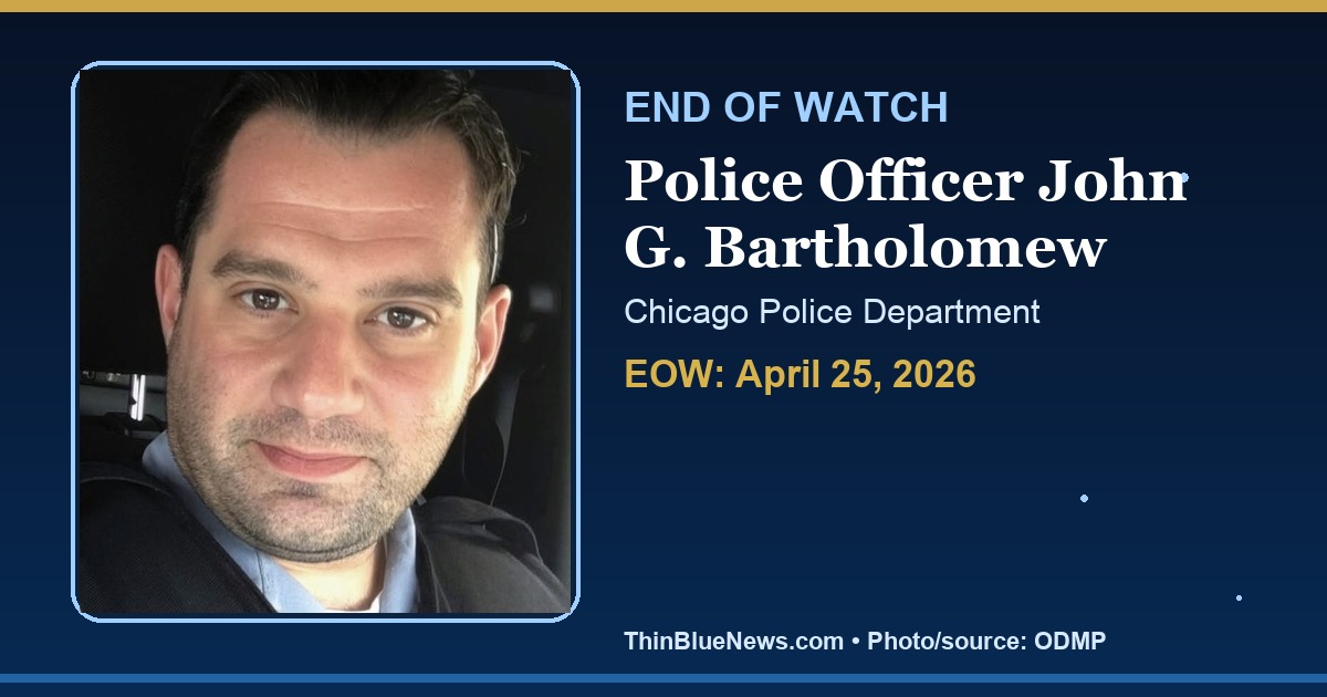 ThinBlueNews End of Watch memorial image for Police Officer John G. Bartholomew of the Chicago Police Department, using an ODMP source portrait with attribution