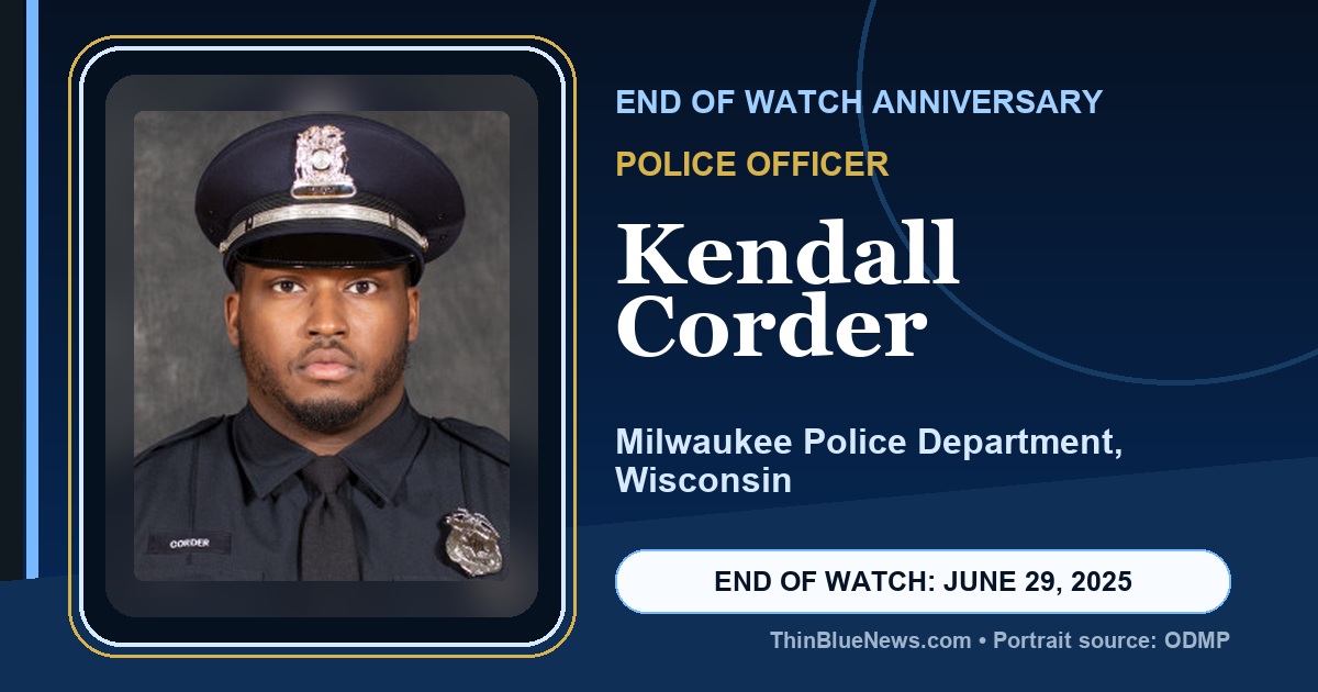 ThinBlueNews End of Watch anniversary memorial image for Police Officer Kendall Corder of the Milwaukee Police Department in Wisconsin, using an ODMP source portrait with attribution