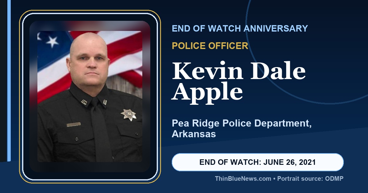 ThinBlueNews End of Watch anniversary memorial image for Police Officer Kevin Dale Apple of the Pea Ridge Police Department in Arkansas, using an ODMP source portrait with attribution