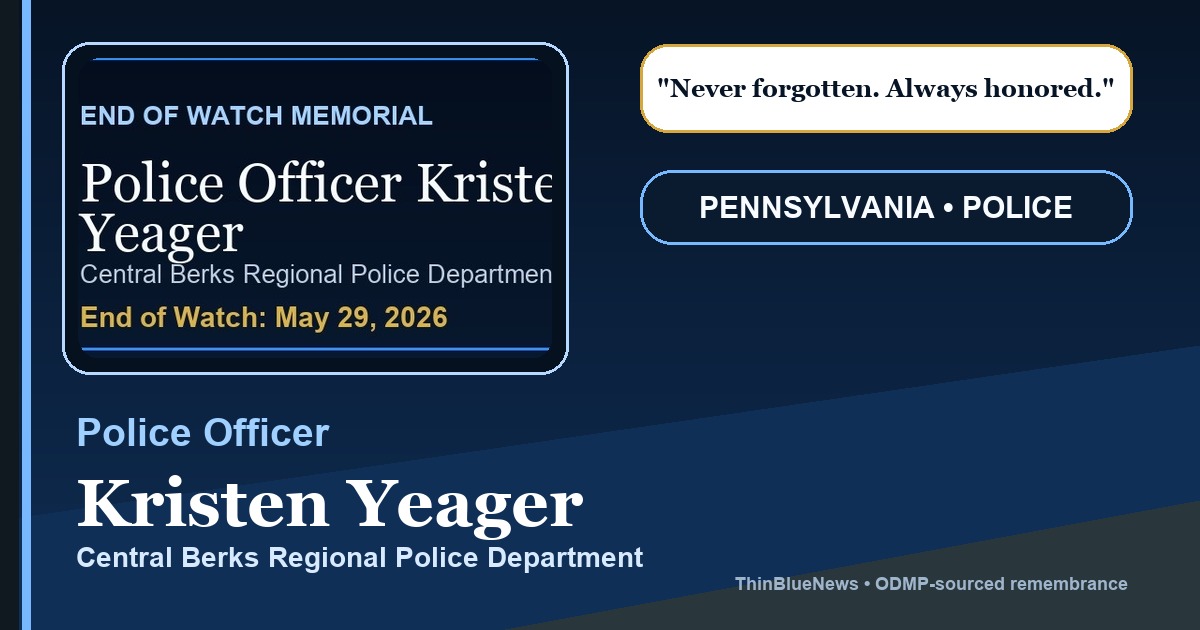 ThinBlueNews End of Watch memorial card for Police Officer Kristen Yeager, sourced from ODMP profile photo with attribution