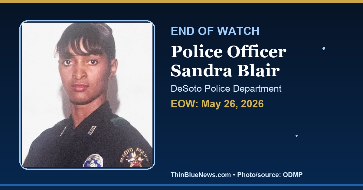 ThinBlueNews End of Watch memorial image for Police Officer Sandra Blair of the DeSoto Police Department, using an ODMP source portrait with attribution