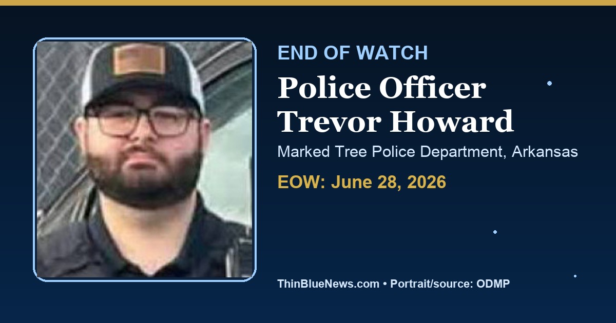 ThinBlueNews End of Watch memorial image for Police Officer Trevor Howard of the Marked Tree Police Department in Arkansas, using an ODMP source portrait with attribution