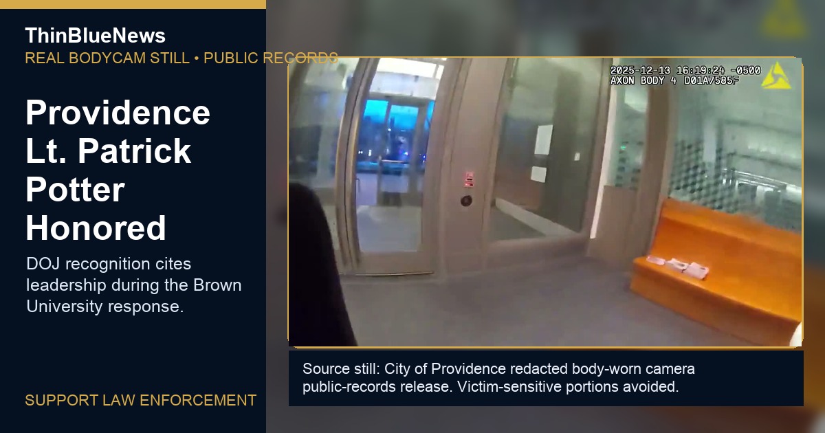 Providence Police Lt. Patrick Potter body-worn camera public-records still from the Brown University response, with ThinBlueNews headline and source labeling added; no victim or graphic content shown.