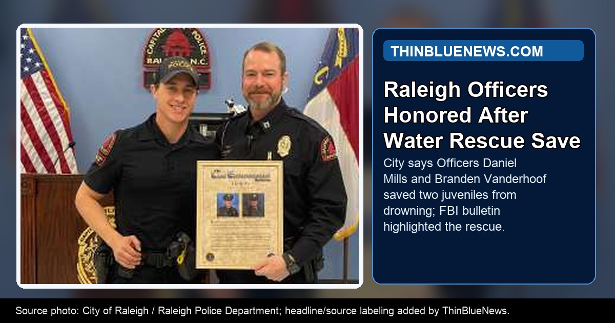 City of Raleigh photo showing Officer Daniel Mills being presented with a poster recognizing the FBI Law Enforcement Bulletin feature, with ThinBlueNews headline and source labeling added.