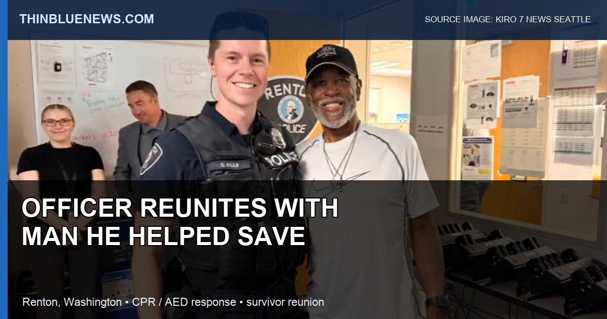 KIRO 7 source image from its report on Renton Police Officer Greg Bills reuniting with Ken Conley after a CPR and AED response; ThinBlueNews added headline and source labeling.
