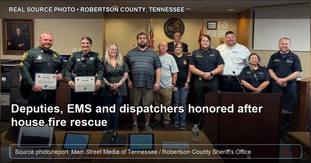 Robertson County first responders stand for recognition after a Green Road house fire rescue. Source photo/report credited to Main Street Media of Tennessee and Robertson County Sheriff’s Office.