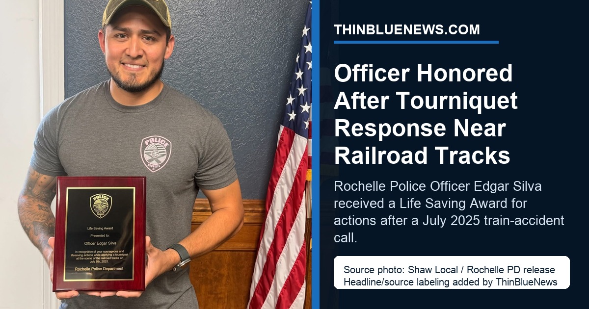 Shaw Local source photo from a Rochelle Police Department release showing Officer Edgar Silva holding a Life Saving Award plaque; ThinBlueNews added headline and source labeling.