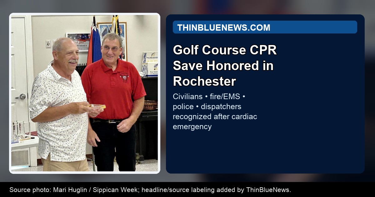 Sippican Week photo by Mari Huglin showing John Magilton receiving an award from Rochester Fire Chief Scott Weigel after a golf course CPR save, with ThinBlueNews headline and source labeling added.