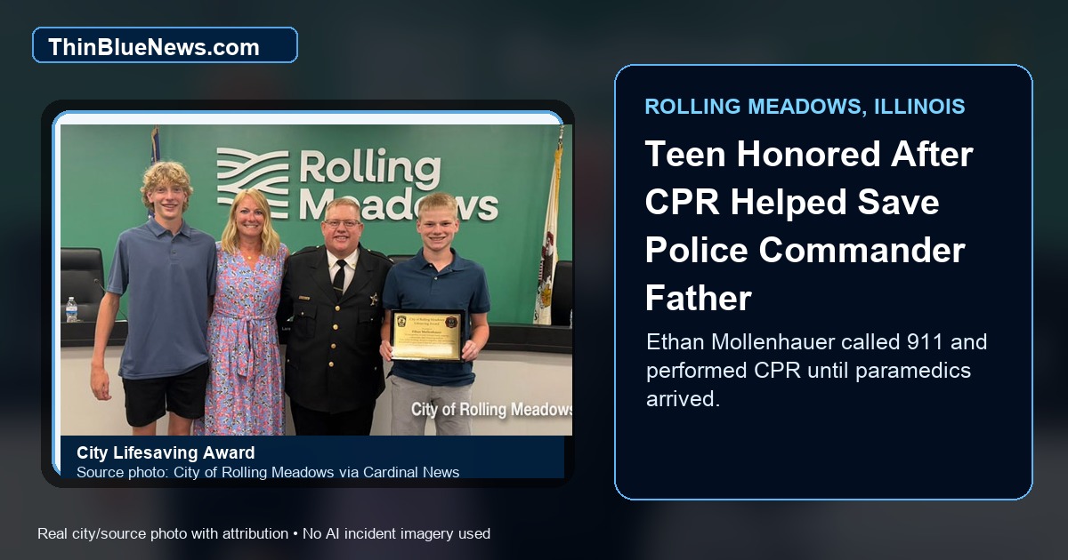 City of Rolling Meadows source photo, published by Cardinal News, showing Ethan Mollenhauer with family and Rolling Meadows public-safety leaders after he received the City of Rolling Meadows Lifesaving Award; ThinBlueNews added headline and source labeling.