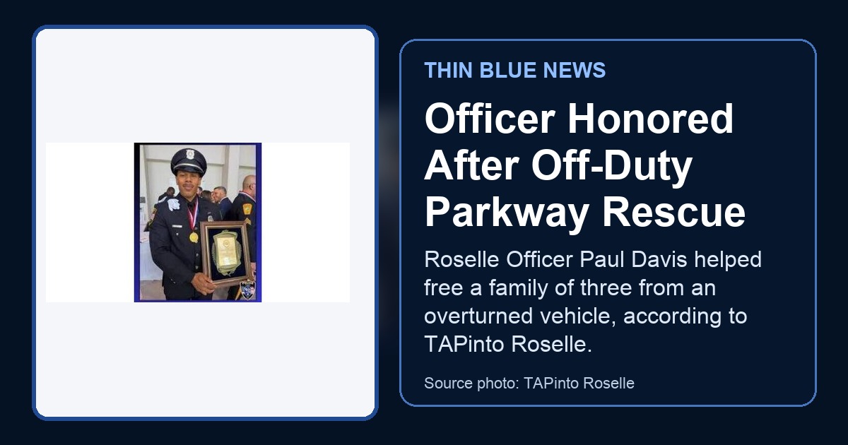TAPinto Roselle source photo showing Roselle Police Officer Paul Davis Jr. holding a Medal of Valor plaque, with ThinBlueNews headline and source labeling added.
