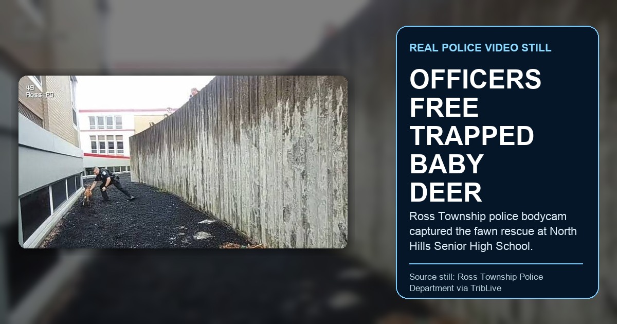 Ross Township Police Department bodycam source still, as published by TribLive, showing Officer Nathan Roy scooping up a fawn trapped near North Hills Senior High School; ThinBlueNews added headline and source labeling.