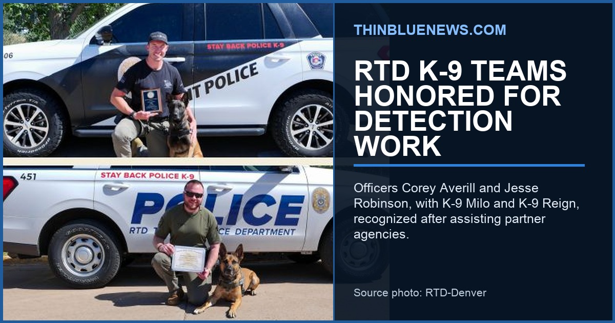 RTD official source photo showing Transit Police K-9 teams with police vehicles and award plaques; ThinBlueNews added headline and source labeling.