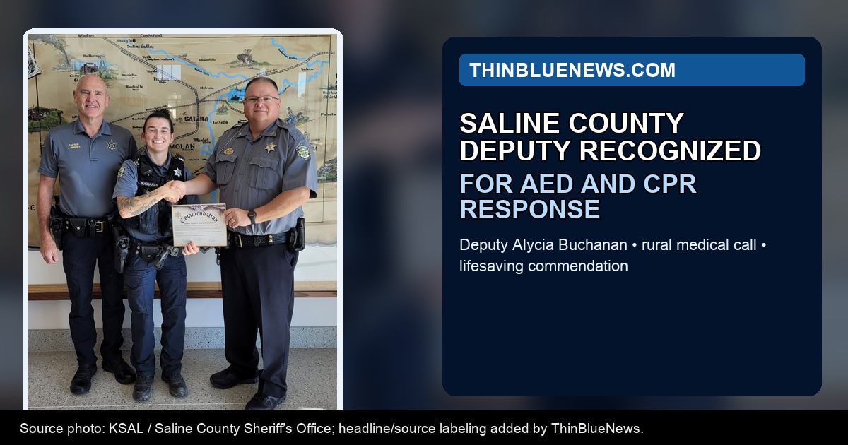 KSAL / Saline County Sheriff’s Office source photo showing Deputy Alycia Buchanan after receiving a commendation for lifesaving actions; ThinBlueNews added headline and source labeling.